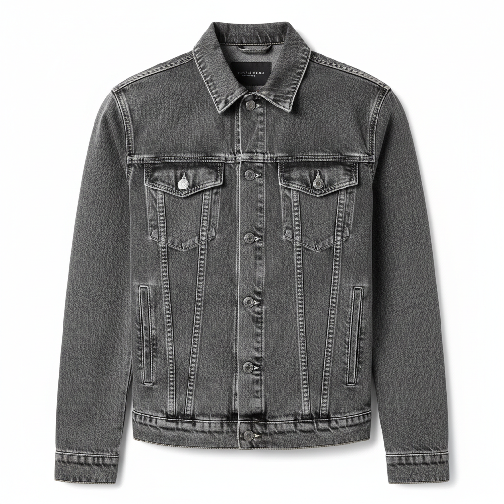 Men's Grey Washed Denim Jacket with Contrast Stitching