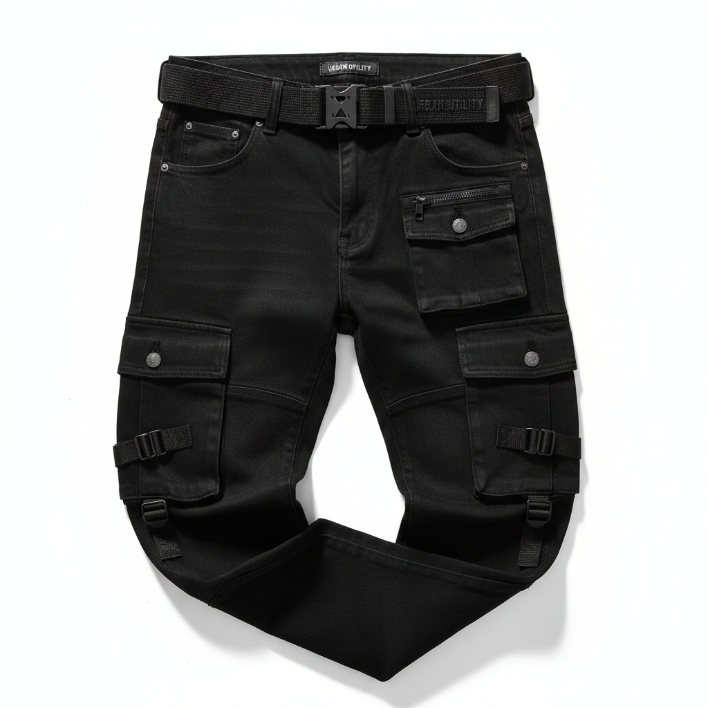 Men's Cargo-Pocket Black Denim Jeans