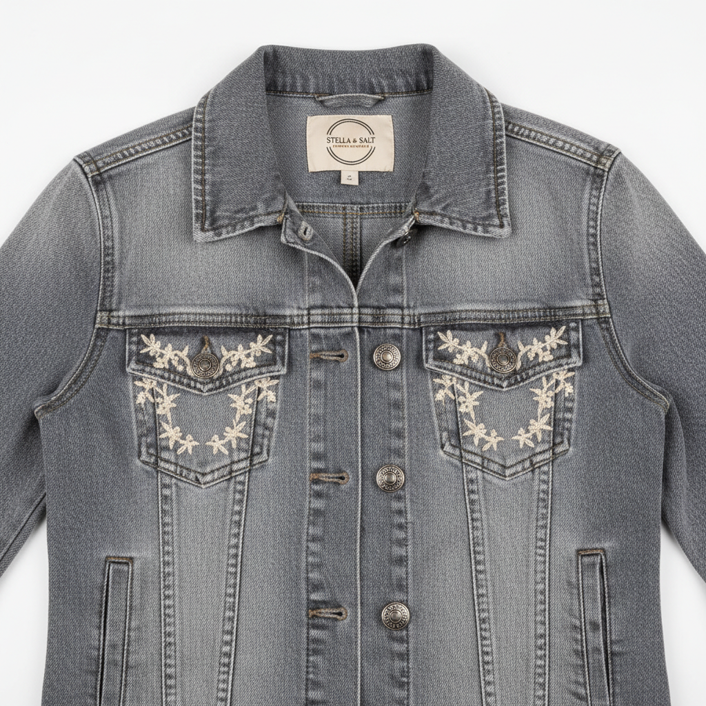 Women's Grey Washed Denim Jacket with Button Detail