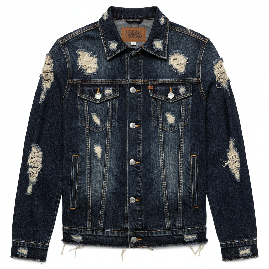 Men's Distressed Dark Blue Denim Jacket